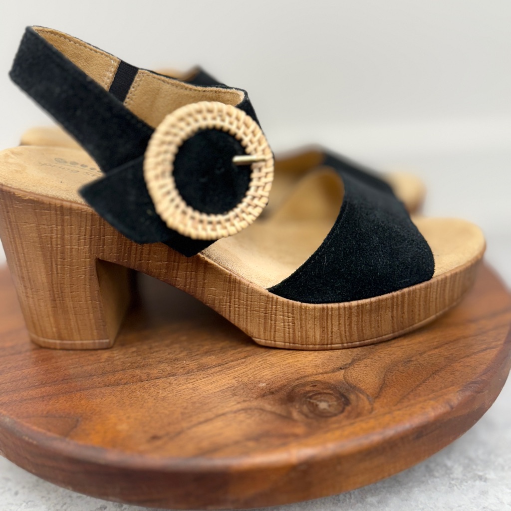 Spring Step Gamona Platform Heel Sandle Black And Tan Suede